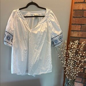 St. John's Bay White Blouse with Blue Embroidery